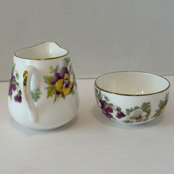 CROWN STAFFORDSHIRE Mini Creamer & Sugar Bowl White, Yellow, Purple Pansies VTG - Picture 5 of 13